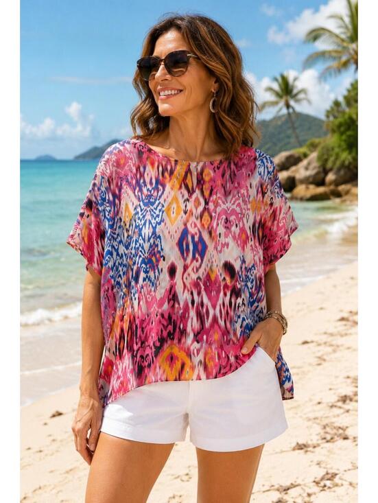 Chico's Tops - Chicos Ikat Print Poncho Blouse Womens Sz 2 (12/14) Multicolor Tunic Top Resort